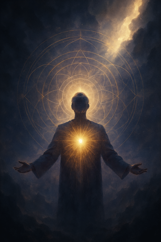A shadowy figure standing before a cracked, glowing barrier of light, symbolizing an energetic or spiritual breakthrough as light pierces through darkness. The atmosphere is moody and mystical, with hues of deep blue, purple, and radiant gold.