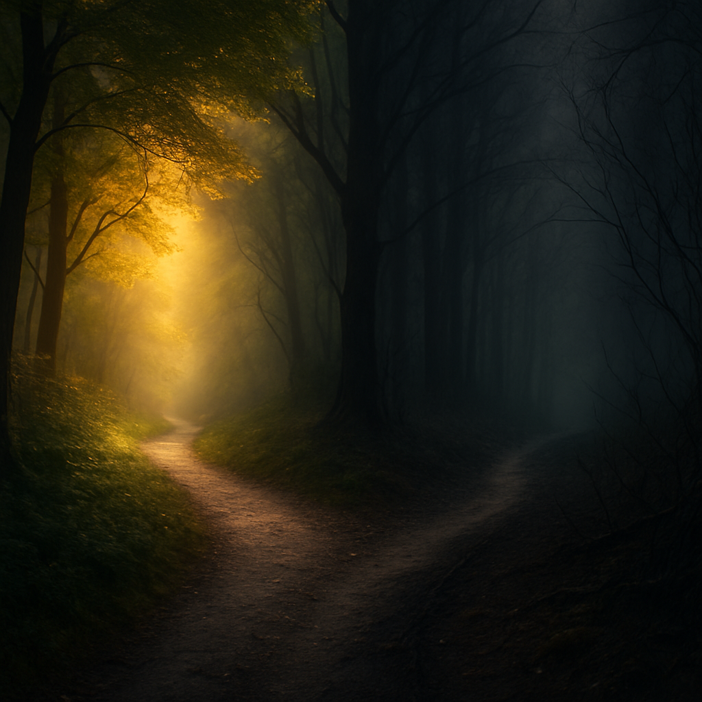 Image depicting a representation of two spiritual paths: one bathed in light & one shrouded in darkness.